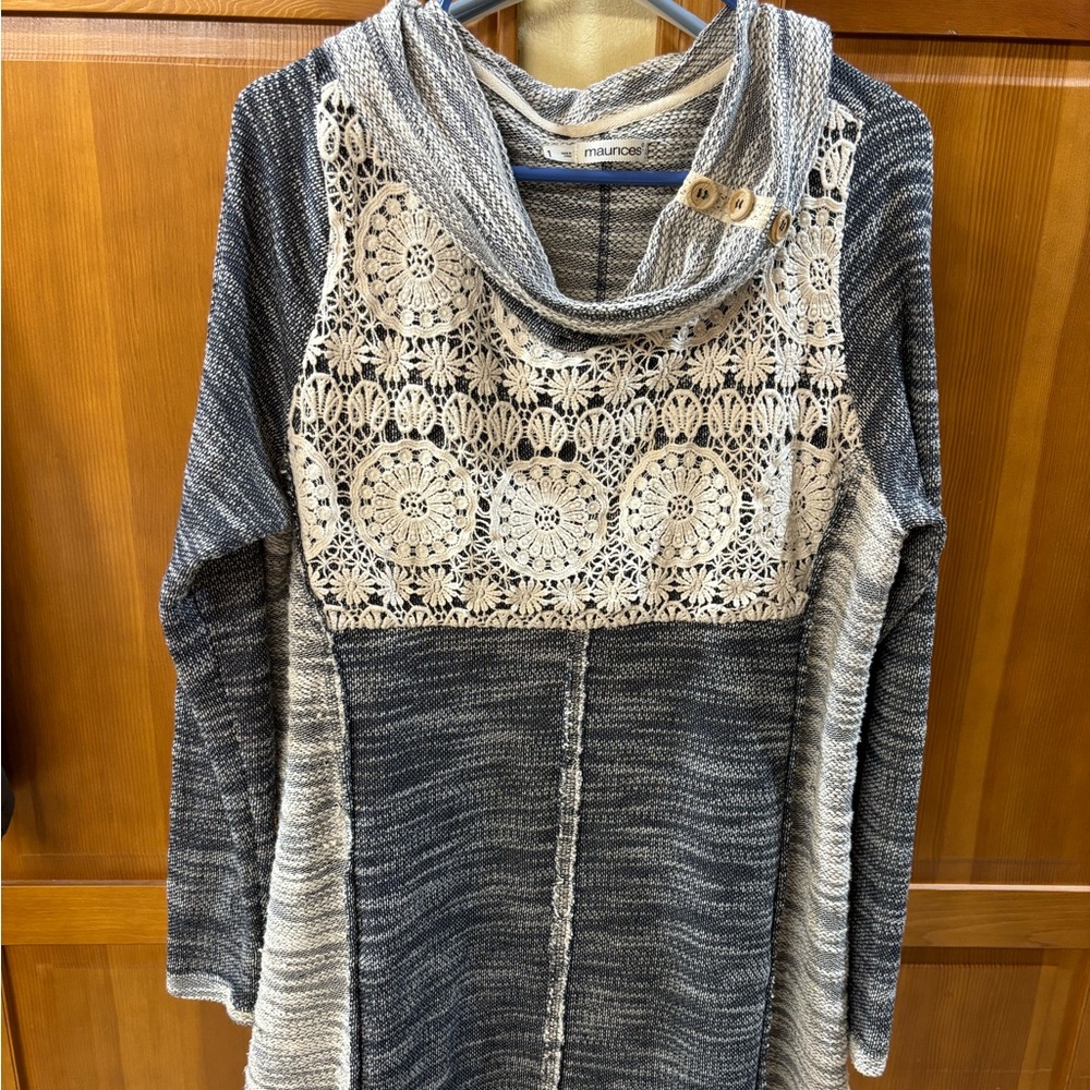 Beautiful blue & grey sweater, lace overlay & cowlneck design with button detail